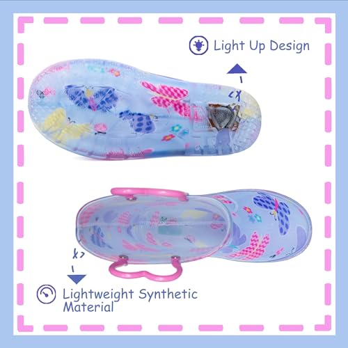 Image of Outee Toddler Girls Rain Boots Little Kids Baby child Light Up Waterproof Rubber LED Shoes Printed Mud Lightweight Adorable with Easy-On Handles Non Slip Sole Pink Blue Butterfly Size 10