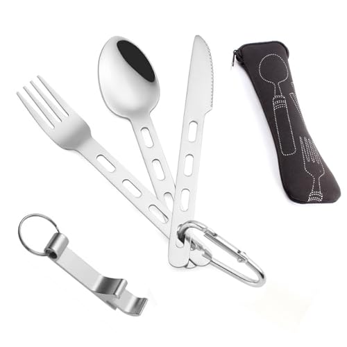 IUSOT 5 in 1 Besteck Set Edelstahl – Camping Besteck, Vielseitiges Besteck für Unterwegs, Essbesteck Mit Messer, Gabel, Löffel, Tragbare Tasche, Inklusive Karabiner und Flaschenöffner