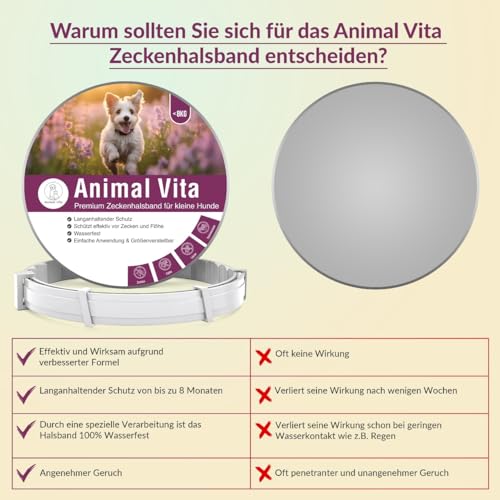 Animal Vita® Premium Zeckenhalsband für kleine Hunde - Zuverlässiger Schutz vor Zecken [wasserdicht und größenverstellbar] bis zu 8 Monate Zeckenschutz für Hunde