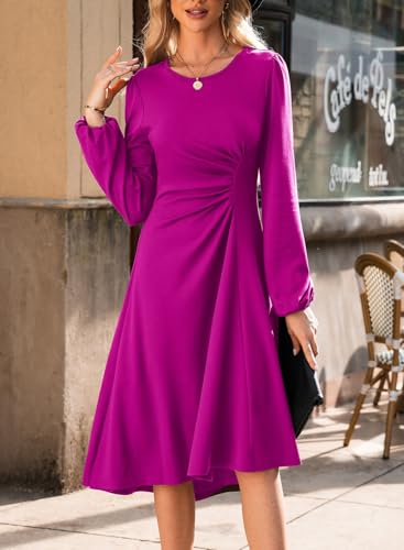 Image of Happy Sailed Women's Long Sleeve Ruched Waist Flowy A Line High Low Midi Cocktail Party Dress