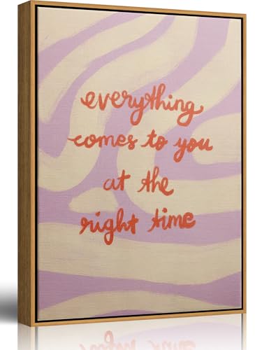 Framed“Everything Comes to You at the Right Time”Canvas Wall Art,Inspirational Positive Affirmation Quote Painting Picture Wall Decor,Preppy Poster Print Artwork,for Girls Room Dorm Home Decoration