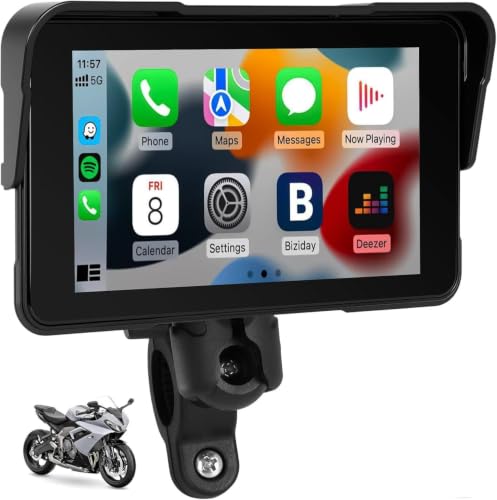 Zomolither draadloze CarPlay en Android Auto voor motor, 5″ draagbaar motor-GPS-scherm, IP68 waterdicht touchscreen, Bluetooth GPS-navigatie met Siri/Google Assistant