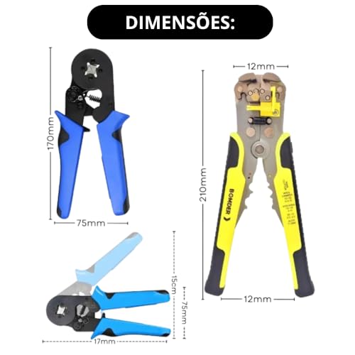 Kit Alicate de Crimpar Terminal Automático + Alicate Descascador Decapador de Fio e Cabo 3 em 1 + Es
