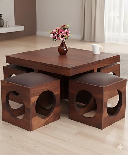Image of Loonart Solid Sheesham Wood Coffee Table with Four Stools | Idel for Living Room | Cafe | Restaurant | Space Saving Indoor Table Set | Finish Color - Teak Finish |