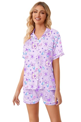 Image of Umeyda Women & Girls Pajamas Set, Soft Satin Lightweight Silk Button-Down Top with Shorts 2 Piece PJS for Mom Boys Kids Gifts