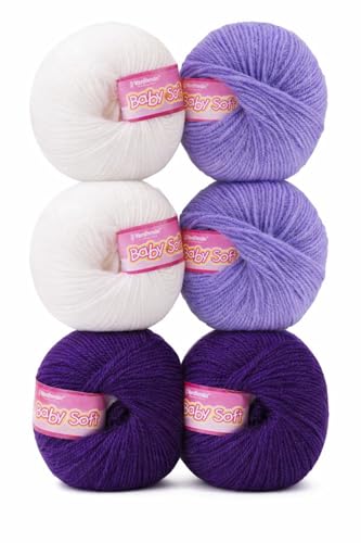 Image of Vardhman BabySoft Knitting Yarn | 100% Acrylic Wool | 4 Ply | Thin Knitting & Crocheting Hook Thread & Lightweight | Special Baby Wool | 150 Grams (6 Balls of 25g) | Machine Washable | Ideal for Blankets, Hats, Booties Ultra-Soft for Baby Sweaters, Blankets, Caps, Socks, Soft toys, Art & craft (Indigo Purple + Iris Purple + White)