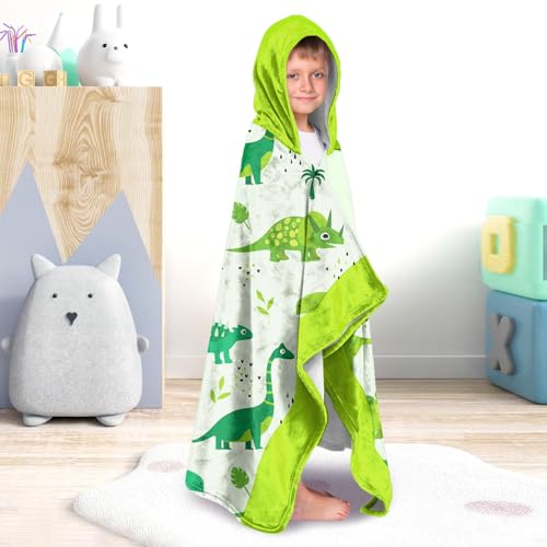 Image of Dinosaur Boys Beach Towel with Hoodie for Kids Toddlers Age 4-8,Dino Blue Bath Towels Shower Wrap for Boys, Hooded Poncho Beach Blanket for Pool Swimming Cute Wearable Bath Towel for Child