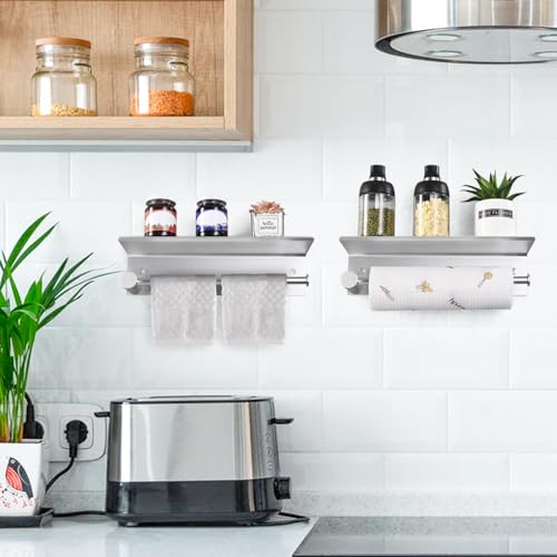 Miniatura 6 de Hanfu Portarrollos Cocina De Pared, Porta Rollos De Papel Cocina Adhesivo Sin Taladrar Soporte Papel Cocina, Aluminio Portarollos Cocina Con Estante Para Estanteria De Especias 34cm 13.4in, Plata