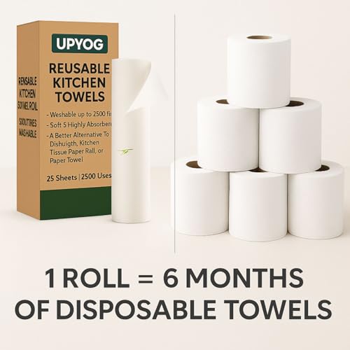 Image of UPYOG Reusable Kitchen Towel Roll 25 Washable Bamboo Fiber Sheets 2500 Times Reusable, Soft & Super Absorbent Eco-Friendly Alternative to Paper Towels Multipurpose Cleaning Cloth for Home & Kitchen