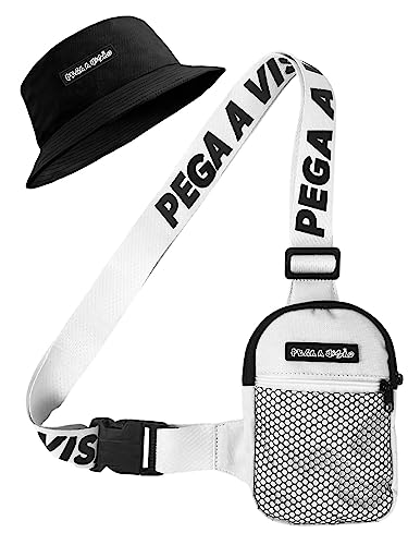 Kit Chapeu Bucket Preto + Shoulder Bag Mini Bolsa Lateral Masculina Pega a Visão Branco