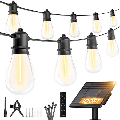 Image of Minetom 100FT Solar String Lights Outdoor Waterproof, 31+2LED S14 Shatterproof Bulb, Patio Lights with Remote Type-C Port Timable, 3 Light Modes Dimmable Solar String Lights for Outside, Yard, Camping