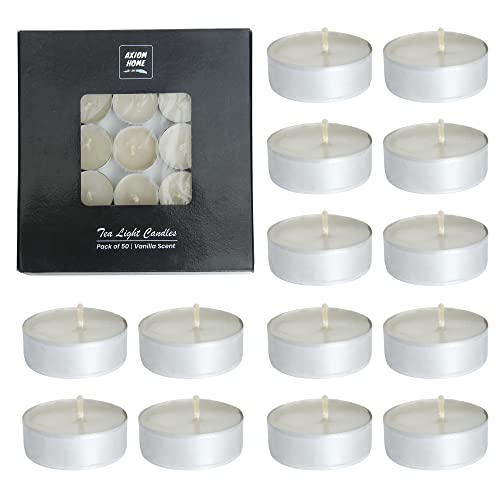 Axiom Home Tealight Candles - Smokeless Small Tea Candles With 4 Hours Extended Burn Time -Made Of Aluminum Tin Candles For Home, Travel, Wedding, Shabbat, & Valentine Day (Vanilla Scent, Pack Of 50) #TOP29