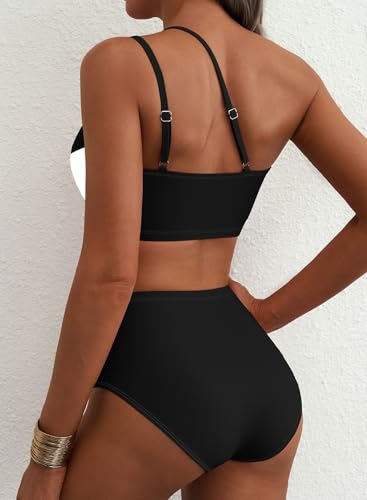 Herseas Women\'s Two Piece Bikini Sets One Shoulder Floral Print 2026 Summer Swimsuits High Waisted Slimming Stretchy Wire Free Bathing Suit Chic Beach Vacation Essentials Black White Abstract Large