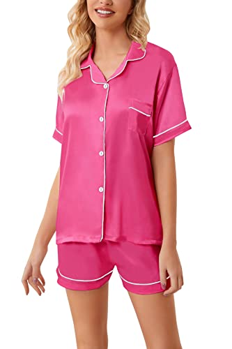 Image of Schbbbta Girls Womens Pajamas, Satin Silky Pjs Set Kids 2Pcs Button-Down Nightwear Sleepwear Gift for Mommy and me