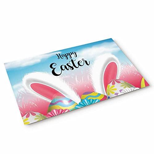 Prironde Easter Door Mat Front Door Mats Outdoor Indoor Kitchen Mat Eggs Bunny Ears Blue Sky Entrance Doormat Non-Slip Bathroom Rugs Washable Floor Mats For Sink/Porch Home Decorations 20X31.5Inch #TOP3