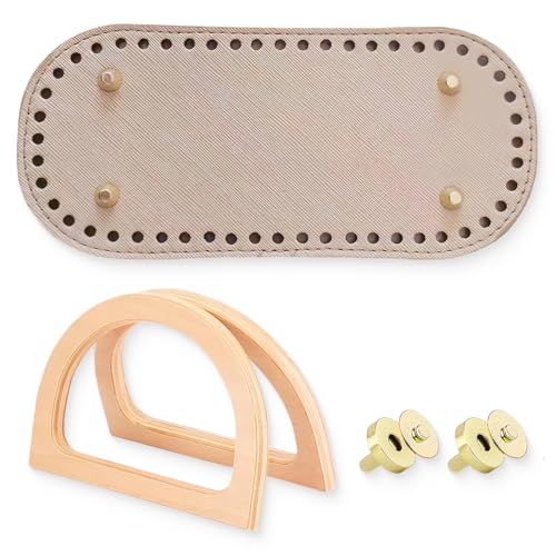 BLPRKOT 4 Pièces Fond de sac à crocheter en cuir ovale avec fermetures magnétiques et poignées en bois en forme de D pour sacs à main et projets DIY