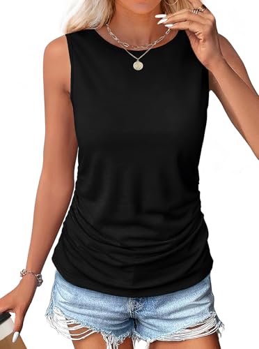 OFEEFAN Womens Ruched Tank Tops Crewneck Casual Summer Tops Basic Sleeveless Shirts