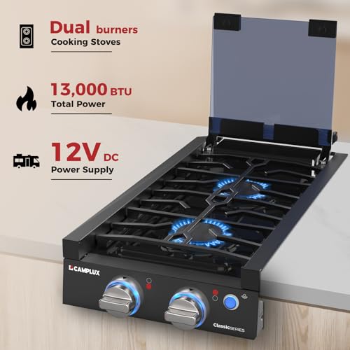 Image of CAMPLUX Classic RV Cooktop 2 Burners Slide-in, Propane Cooktop Stove with Tempered Glass Cover, 12 Inches Propane Rangetop with Blue Indicator Light, 13,000BTU, Black RGH12IB