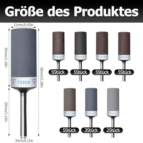 30 Stück Schleifhülsen Satz für Dremel Rotationswerkzeug, 180/240/320/600/1000/1500/2000 Körnung Schleifaufsätze mit 3mm Schaft, Schleifhülsen Set für Holz, Metall, Glas