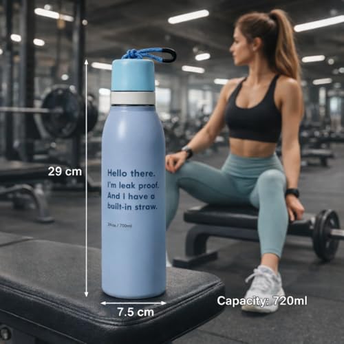 Image of Sports Water Bottle 24oz Leak Proof Stainless Steel Bottle with Built-In Straw Lid, BPA Free Reusable Drinking Bottle with Carry Loop for Gym Workout Travel Office (Alice Blue, 720 ml)
