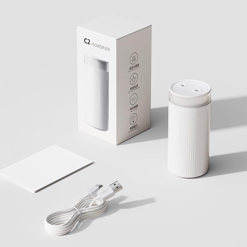 Humidificador de niebla portátil para dormitorio, carga USB de 1,1 L y enchufe de doble uso, humidificador de aire silencioso de doble boquilla de 28 dB para el hogar, guardería y plantas, apagado automático de 8 horas y luz nocturna cálida