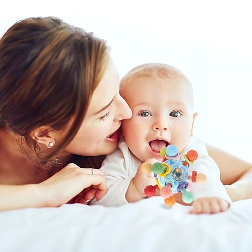 Image of Brand Conquer Silicone Baby Teether Ball Toy, BPA-Free Sensory Teething Toy for 3+ Months, Soft Chewable Textured Teether with Rattle, Colorful Grasping &Development Toy for Infants and Toddlers(Blue)