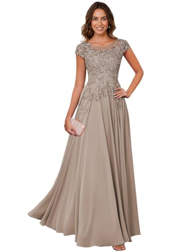 Image of Lace Applique Chiffon Mother of Bride Dresses - Short Sleeve Pleated Long Mother of The Groom Dress