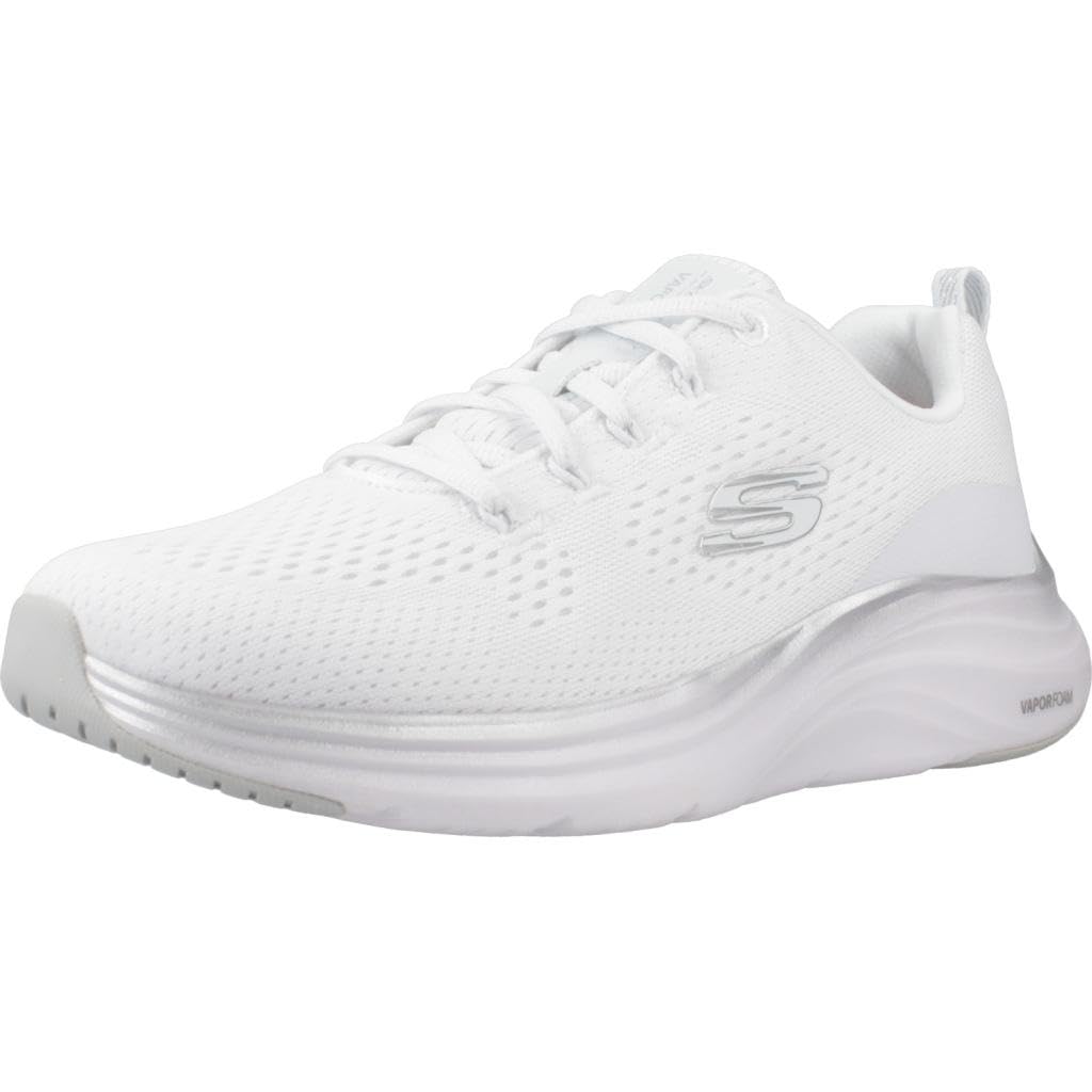 Skechers Donna Vapor Foam Midnight Glimmer, Rete Bianca con Finiture argentate, 35 EU
