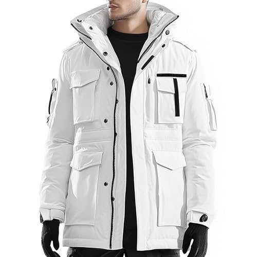 Mens Parka Classic Thigh Length Nylon Front Pockets Minimalist White Zipper Removable Hood Winter Coat Warm Parka Jackets(White Parkas, Medium)