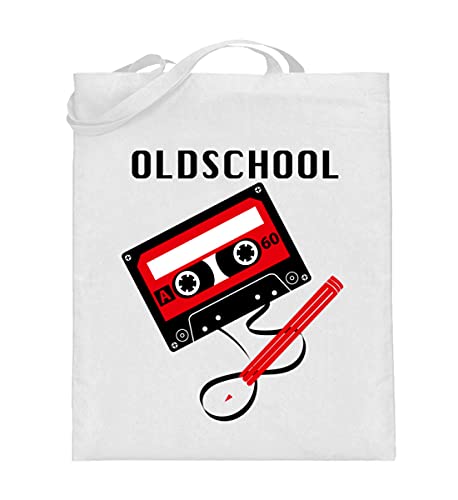Sac en toile de jute imprimé Oldschool Tape blanc avec longues anses solides