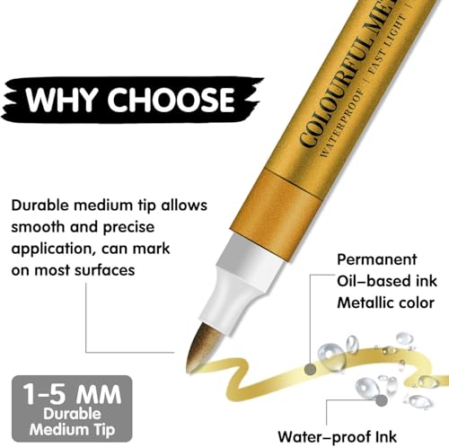 Image of HUBTURE Acrylic Paint Marker Pen Set - Metallic Colors, Medium Point Tip - Non-Toxic Art Markers for Rock, Ceramic, Glass, Wood, Fabric, Canvas, Craft Projects(COLOURFUL METALLIC MARKER)