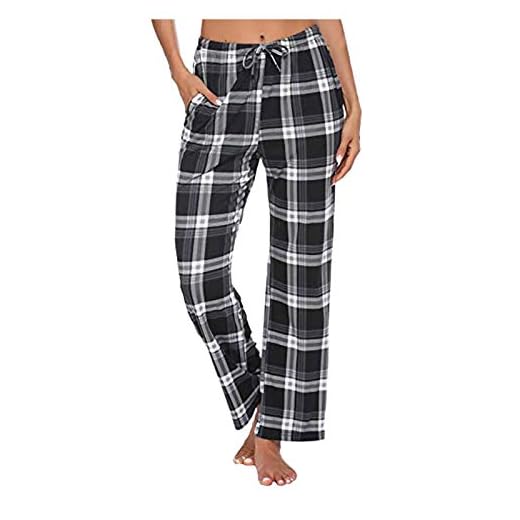 Alwayswin Pyjamasbyxor, dam, pläd, yogabyxor med fickor, lös dragsko, joggingbyxor, sportbyxor, avslappnade bekväma långa yogabyxor, hög midja, fritidsbyxor, fitnessbyxor