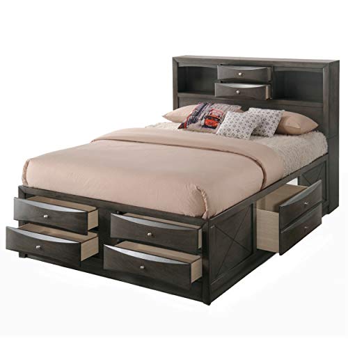 Habitrio King Bed With Storage, Solid Wood King Size Bed Frame With Headboard (2 Bookcase, 2 Drawers), Footboard (4 Drawers), Rail With 2 Drawers, Wooden Slat, No Box Spring Needed, Gray Oak #TOP2