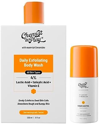 Chemist At Play Exfoliating Body Wash 236ml | Removes Tan, Fights Body Acne, Strawberry Skin | 4% (Salicylic Acid, Vitamin E & Lactic Acid) + Under-Arm Roll-On, Aqua Fragrance | Prevent Dry, Rough, Bumpy Skin, Brightens Skin & Exfoliates Underarm| For Men & Women | 40ml