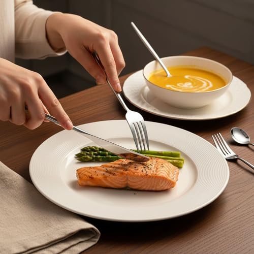 Image of 30 Pcs Silver Cutlery Set for Dining Table the Perfect Lightweight Silim Handle Tableware Including Dinner Spoon, Dinner Fork, Dinner Knife, Dessert Spoon & Dessert Fork