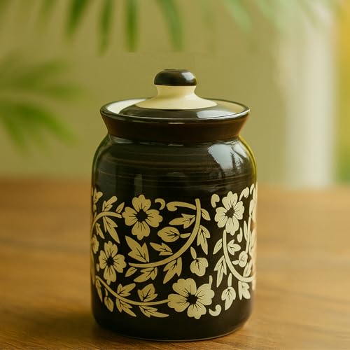 Image of D'Maiolica Traditional Ceramic Pickle Jars with Lid in 1000ml | Achaar Barni for Kitchen | Ceramic Container for Achar, Salt, Spices (Set of 1)(Z Black Floral Print)