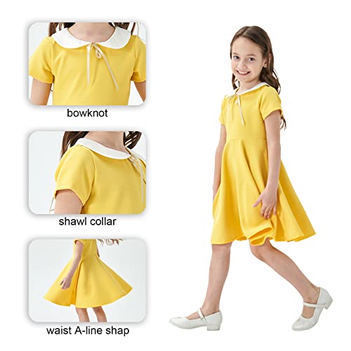 Abbyabbie.li Girl's Short Sleeve Uniform Dresses Casual Vintage Peter Pan Collar Fit And Flare Skater Party Dress 2-12 Years (Yellow, 5-6 Years) #TOP3