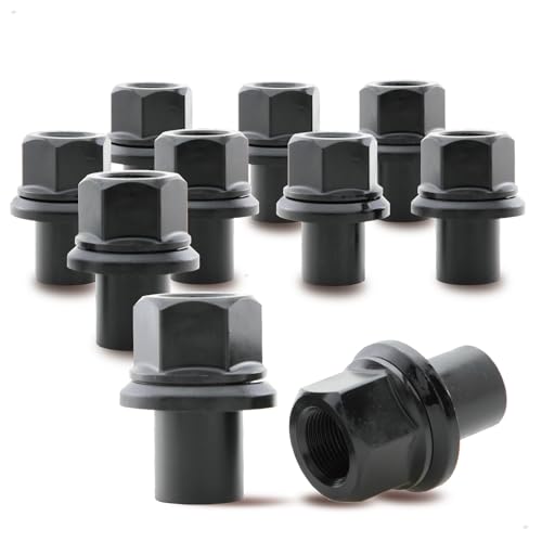 PSGSP Two-Piece 28mm Sleeve Flanged Wheel Nuts 10PCS, M22x1.5 Hex:33mm Black for Heavy Duty Truck Semi Truck Fit Dual Alcoa Aluminum Wheels with Hub Piloted Seat & 26mm Bolt Hole Size