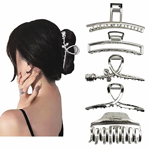 5 Stück Damen Haarklammer Silber Große, BIKALAN Legierung Mädchen Haarspangen Für Dickes Haar, Rutschfest Haarclips Haarkrebs, Damen Haarklammern Hochzeit Haarschmuck Frauen Geschenk Cover