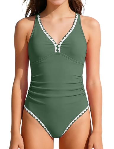 oklady Girls Swimsuit One Piece Bathing Suit Contrast Trim Adjustable Straps Swimwear Ruffle Tween Girls Swimsuit for 9-10Y Green