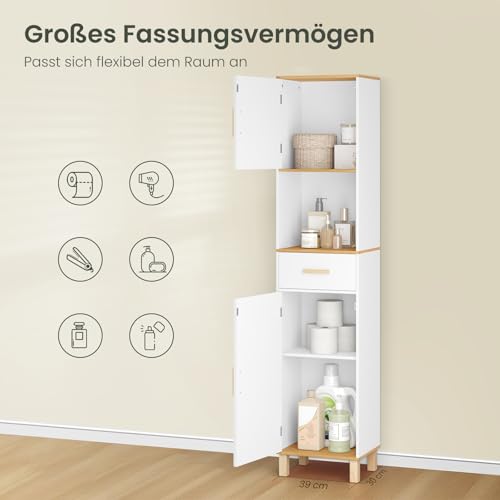 EUGAD Badezimmerschrank,Hochschrank, Badschrank mit 5 Fächern 1 Schublade, weiße Kommode im Badezimmer, Schrank mit verstellbaren Trennwänden, weiß 40x180x30 cm