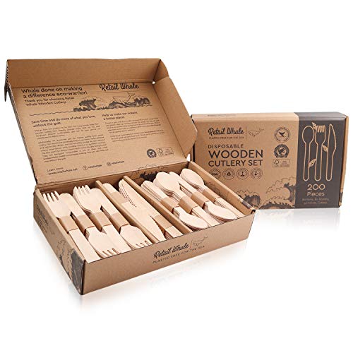 Disposable Wooden Cutlery Set – Biodegradable, Eco Friendly, Compostable Cutlery, Plastic Alternative – 80 Wooden Forks, 80 Wooden Spoons, 40 Wooden Knives – Disposable Utensils Set by Retail Whale