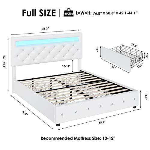 Keyluv Full Size Upholstered Led Bed Frame With 4 Storage Drawers And Adjustable Crystal Button Tufted Headboard, Platform Bed With Solid Wooden Slats Support, No Box Spring Needed, White #TOP1
