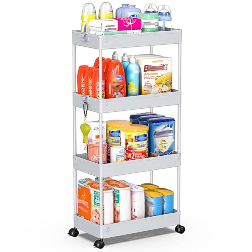 SPACEKEEPER Storage Cart, 4-Tier Mobile Shelving Unit, Bathroom Rolling Cart Utility Storage Organizer Shelf for Kitchen Living Room Bathroom Laundry Room & Dressers, Gray