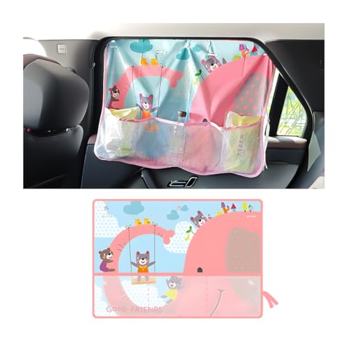 Sandfren Car Window Shade, Vehicle Sunshade Curtain with Storage Pockets & Suction Cups for Baby, Cartoon Pattern Auto Interior Heat Sun Protection Cover, Universal for SUV Sedan Trucks (Elephant)
