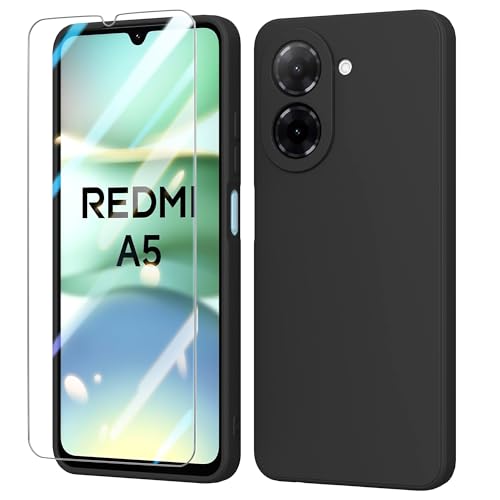 BUTISHIYU Handyhülle kompatibel mit Xiaomi Redmi A5 4G + Schutzfolie Liquid Silikon TPU Case Kratzfest Stoßfest FallschutzSchutzhülle für Xiaomi Redmi A5 4G - Schwarz