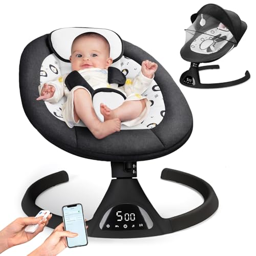 Image of Electric Baby Swing for Infants to Toddler Portable Babies Swing Timing Function 5 Swing Speeds Bluetooth Touch Screen Music Speaker with 10 Preset Lullabies 5-Point Carabiner Gray