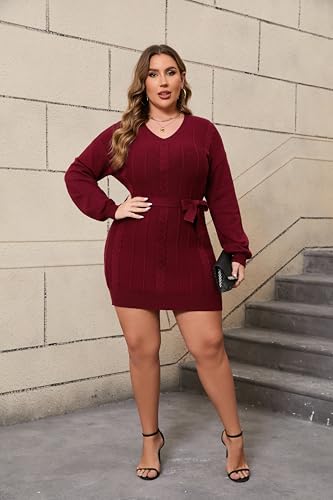 Image of Women's Plus Size Casual Sweater Dress Square Neck Long Lantern Sleeve Tie Waist Loose Pullover Sweater Dresses