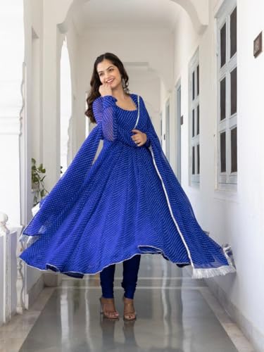 Image of Modestouze Attires Women's Rayon Printed Kurta Set | U Neck Full Sleeve Fit Flared Anarkali Kurti and Print Dupatta