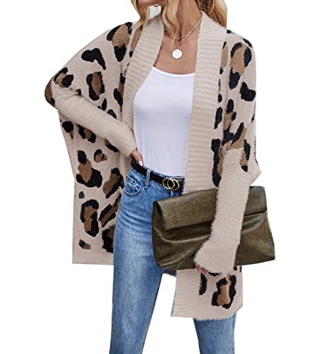 WANLAI Womens Knitted Long Cardigans Leopard Print Cardigan Lightweight Open Front Oversize Outwear Coat Khaki